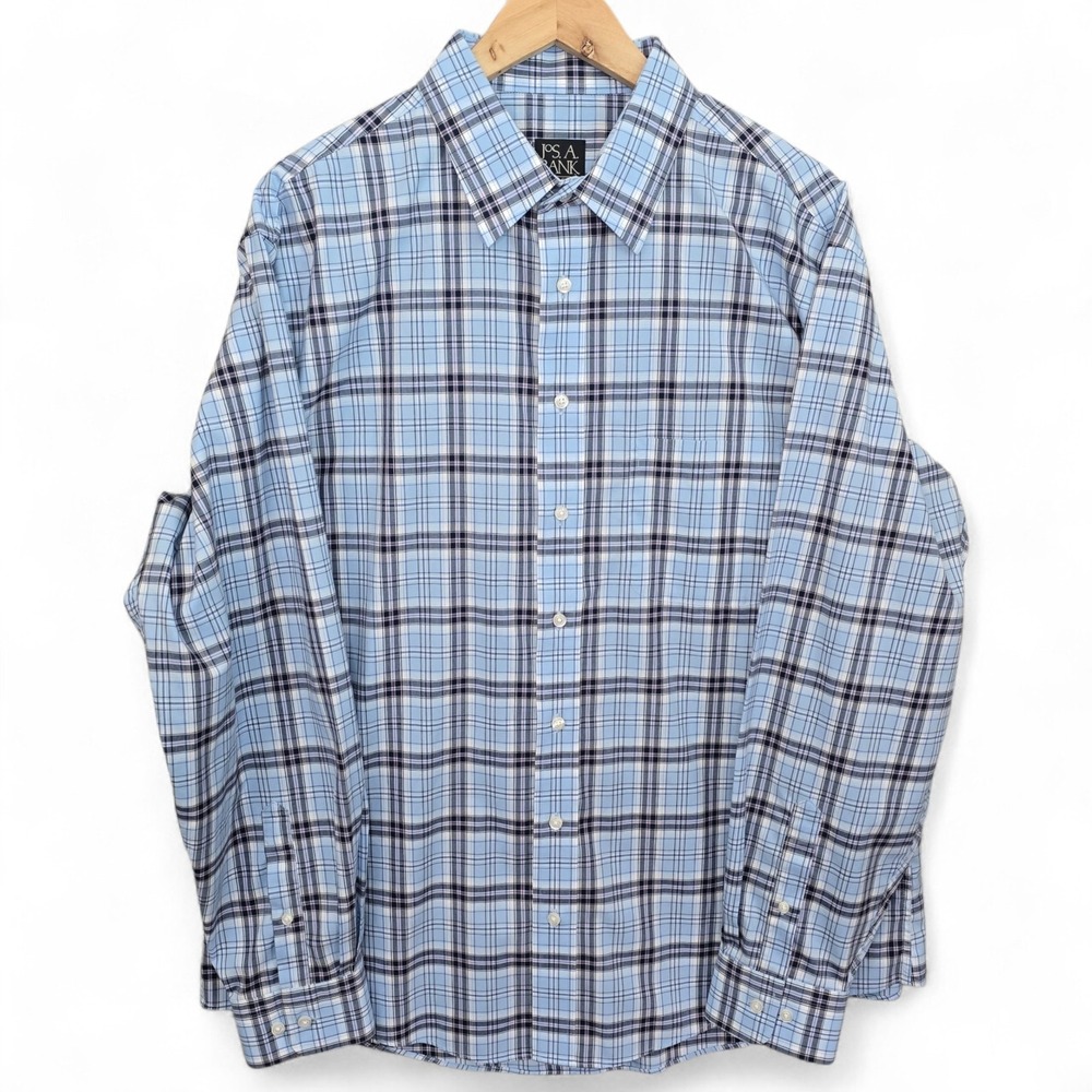 Jos A Bank Dress Shirt Mens XL Blue Plaid Button Up Tailored Fit Cotton Career